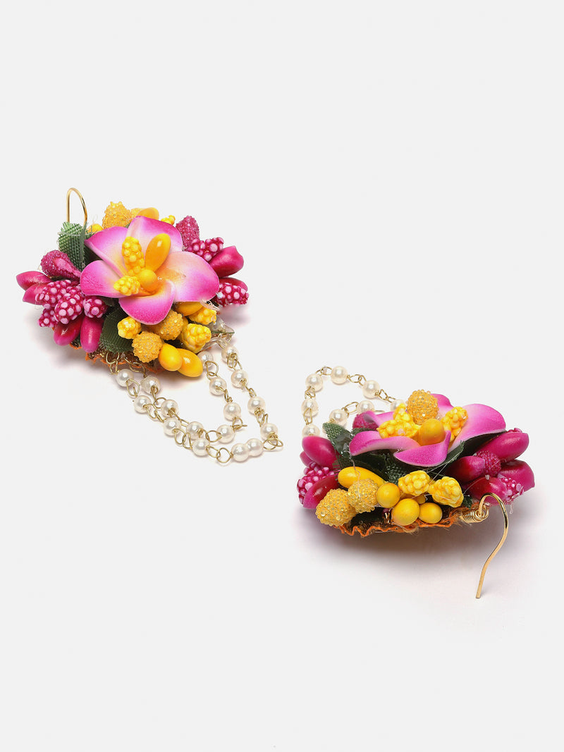 Gold-Plated Pink-Yellow Floral White Pearls Beaded Haldi & Mehendi Jewellery Set with Maang Tikka & Haathphool Ring