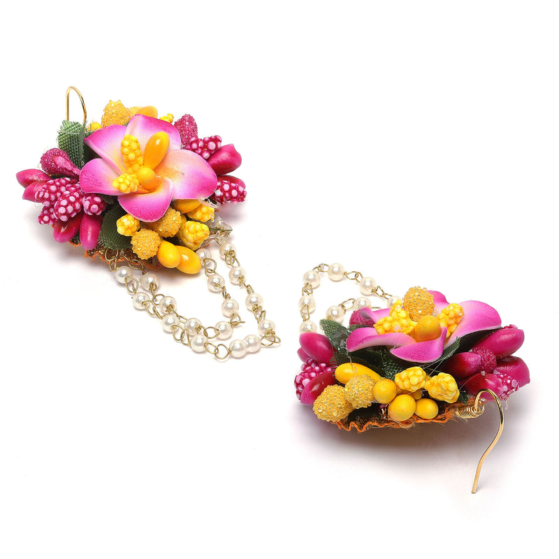 Gold-Plated Pink-Yellow Floral White Pearls Beaded Haldi & Mehendi Jewellery Set with Maang Tikka & Haathphool Ring