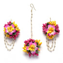 Gold-Plated Pink-Yellow Floral White Pearls Beaded Haldi & Mehendi Jewellery Set with Maang Tikka & Haathphool Ring
