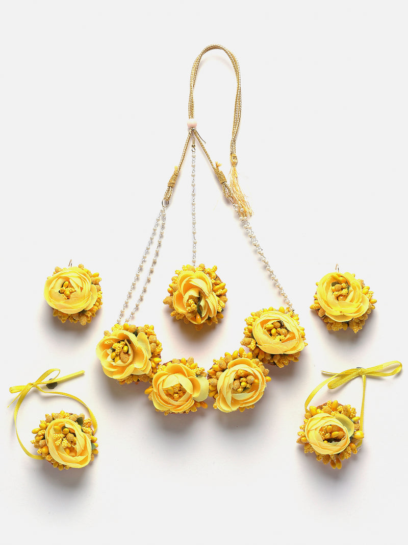 Gold-Plated Yellow Floral White Pearls Beaded Haldi & Mehendi Jewellery Set with Maang Tikka & Haathphool