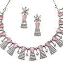 Rhodium-Plated Silver Toned Teardrop Pink American Diamond Studded Necklace Earrings Jewellery Set