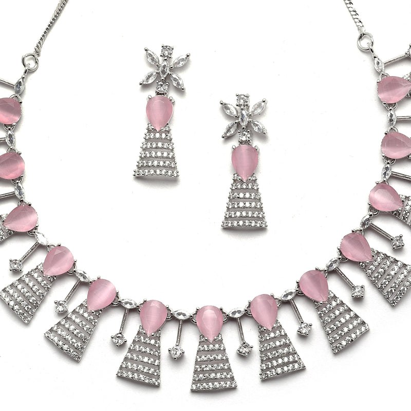 Rhodium-Plated Silver Toned Teardrop Pink American Diamond Studded Necklace Earrings Jewellery Set