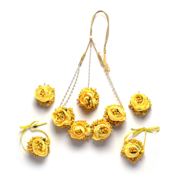 Gold-Plated Yellow Floral White Pearls Beaded Haldi & Mehendi Jewellery Set with Maang Tikka & Haathphool