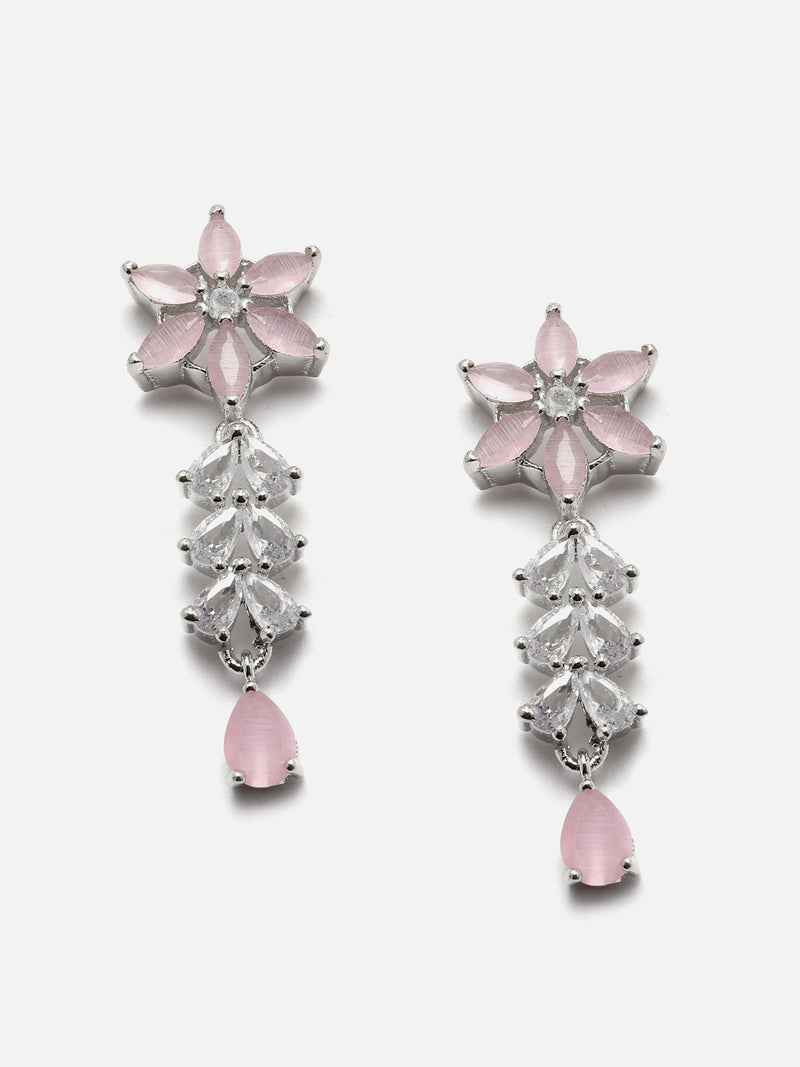 Rhodium-Plated Silver Toned Star Pink American Diamond Studded Necklace Earrings Jewellery Set