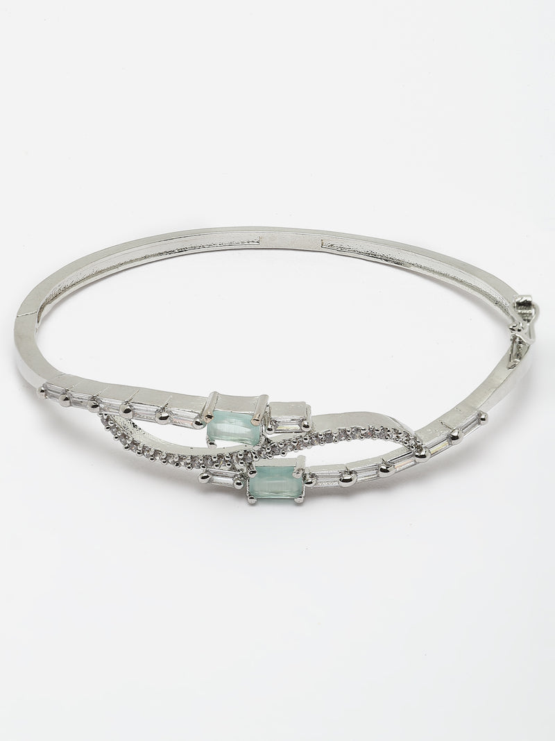 Rhodium-Plated Sea Green American Diamond Studded Kada Bracelet