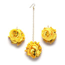 Gold-Plated Yellow Floral White Pearls Beaded Haldi & Mehendi Jewellery Set with Maang Tikka & Haathphool