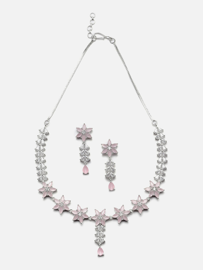 Rhodium-Plated Silver Toned Star Pink American Diamond Studded Necklace Earrings Jewellery Set