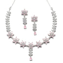 Rhodium-Plated Silver Toned Star Pink American Diamond Studded Necklace Earrings Jewellery Set