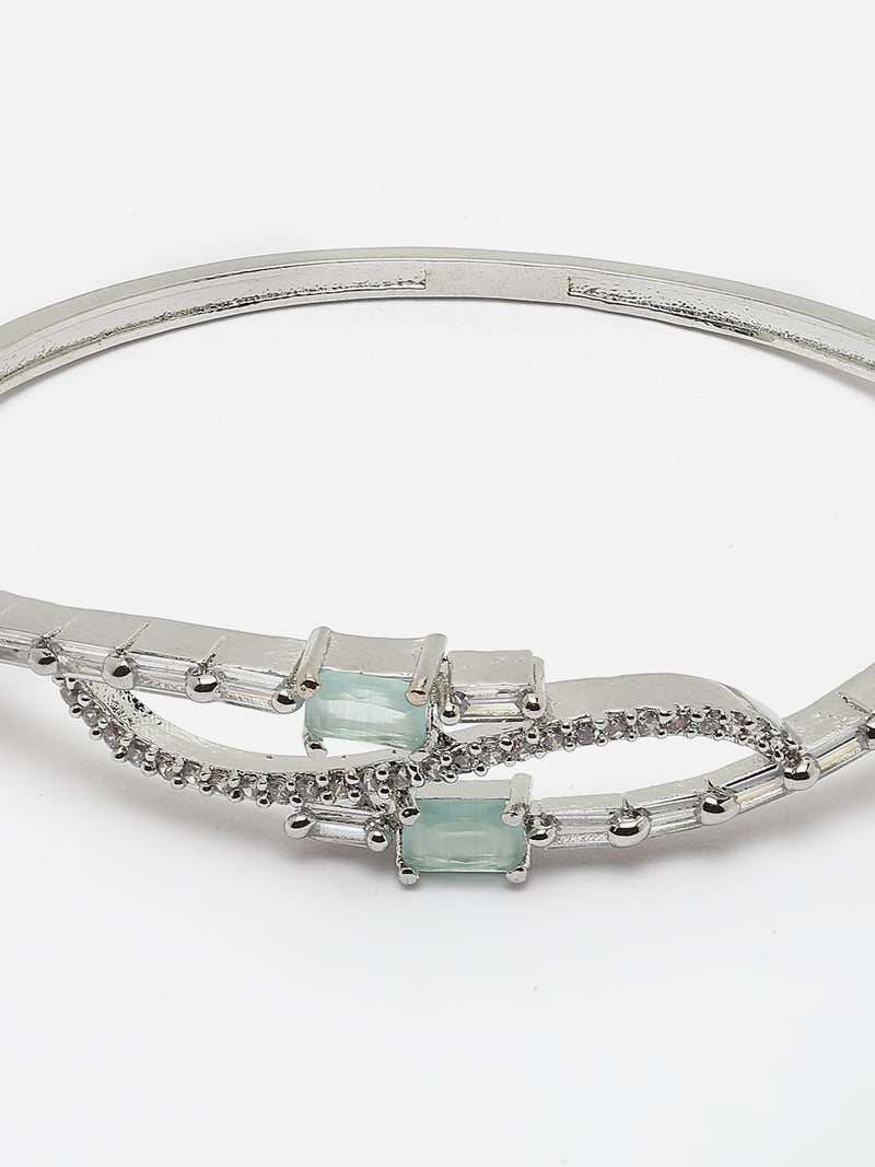 Rhodium-Plated Sea Green American Diamond Studded Kada Bracelet