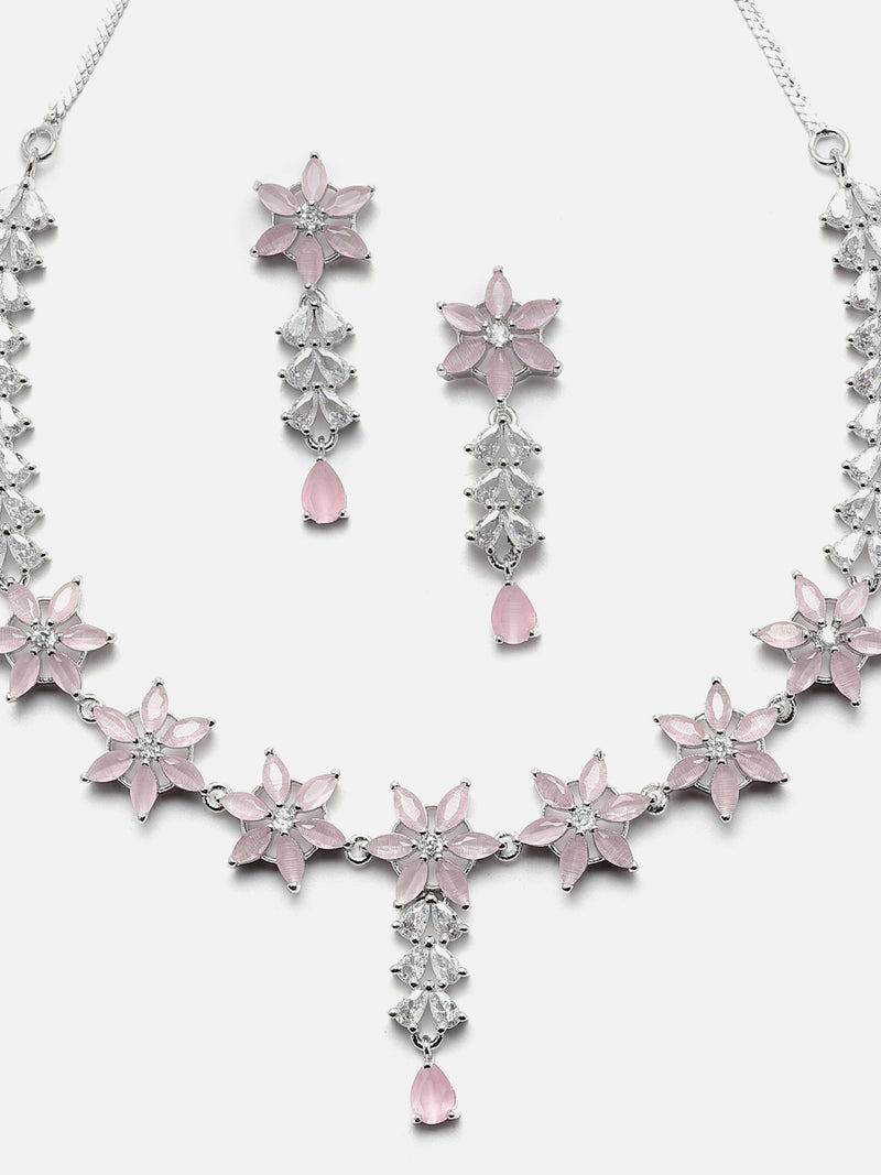 Rhodium-Plated Silver Toned Star Pink American Diamond Studded Necklace Earrings Jewellery Set