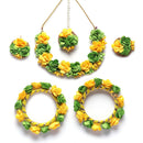Gold-Plated Green-Yellow Gota Patti Floral White Pearls Beaded Haldi & Mehendi Jewellery Set with Maang Tikka & Haathphool