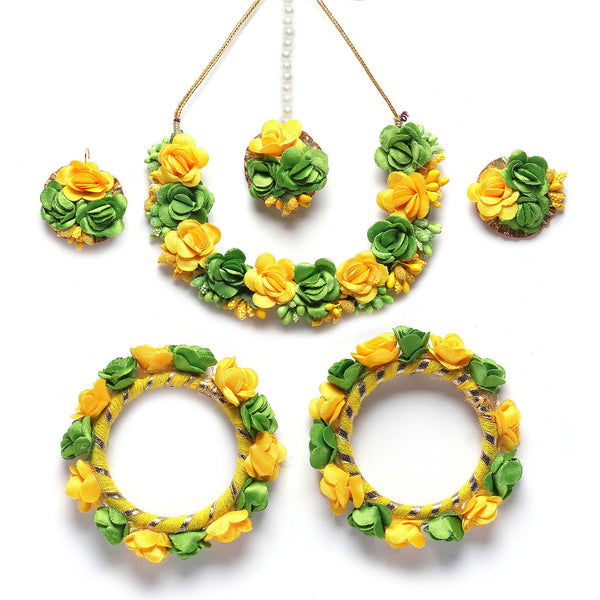 Gold-Plated Green-Yellow Gota Patti Floral White Pearls Beaded Haldi & Mehendi Jewellery Set with Maang Tikka & Haathphool