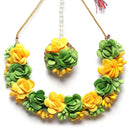 Gold-Plated Green-Yellow Gota Patti Floral White Pearls Beaded Haldi & Mehendi Jewellery Set with Maang Tikka & Haathphool