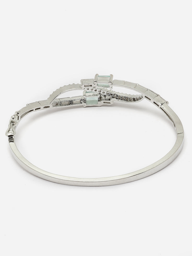 Rhodium-Plated Sea Green American Diamond Studded Kada Bracelet