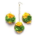 Gold-Plated Green-Yellow Gota Patti Floral White Pearls Beaded Haldi & Mehendi Jewellery Set with Maang Tikka & Haathphool