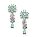 Rhodium-Plated Silver Tone Flower Sea Green American Diamond Studded Necklace with Earrings Jewellery Set