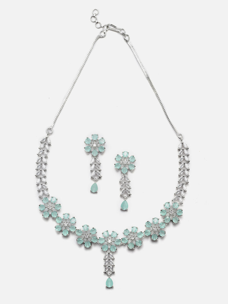 Rhodium-Plated Silver Tone Flower Sea Green American Diamond Studded Necklace with Earrings Jewellery Set