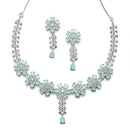 Rhodium-Plated Silver Tone Flower Sea Green American Diamond Studded Necklace with Earrings Jewellery Set