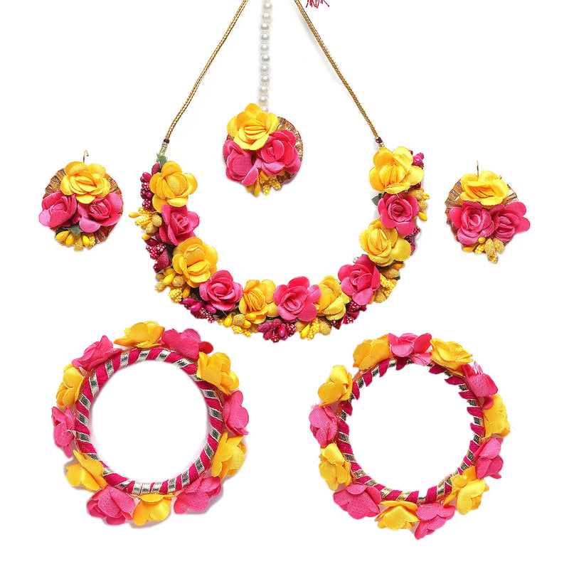 Gold-Plated Pink-Yellow Gota Patti Floral White Pearls Beaded Haldi & Mehendi Jewellery Set with Maang Tikka & Haathphool