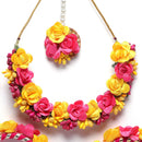 Gold-Plated Pink-Yellow Gota Patti Floral White Pearls Beaded Haldi & Mehendi Jewellery Set with Maang Tikka & Haathphool