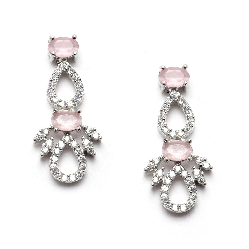 Rhodium-Plated Silver Toned Pink American Diamond Studded Necklace with Earrings Jewellery Set