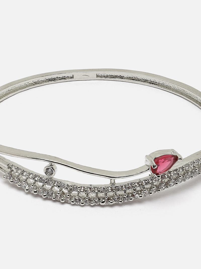 Rhodium-Plated Red American Diamond Studded Kada Bracelet