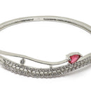 Rhodium Plated Silver Toned Ruby Red Teardrop Shaped American Diamond Stone Studded Kada Bracelet