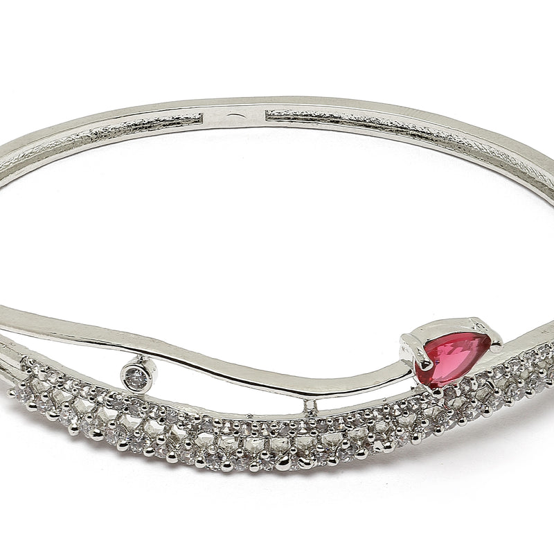 Rhodium Plated Silver Toned Ruby Red Teardrop Shaped American Diamond Stone Studded Kada Bracelet