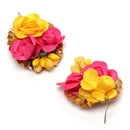 Gold-Plated Pink-Yellow Gota Patti Floral White Pearls Beaded Haldi & Mehendi Jewellery Set with Maang Tikka & Haathphool