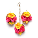 Gold-Plated Pink-Yellow Gota Patti Floral White Pearls Beaded Haldi & Mehendi Jewellery Set with Maang Tikka & Haathphool
