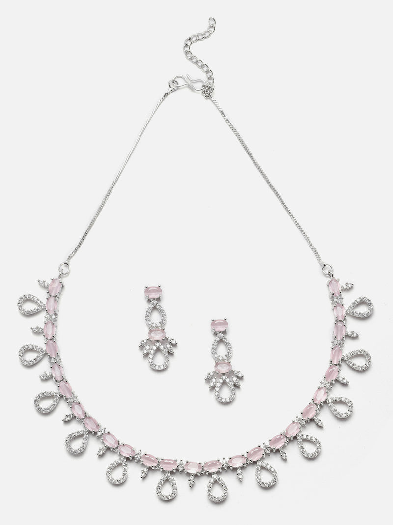 Rhodium-Plated Silver Toned Pink American Diamond Studded Necklace with Earrings Jewellery Set