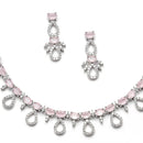 Rhodium-Plated Silver Toned Pink American Diamond Studded Necklace with Earrings Jewellery Set