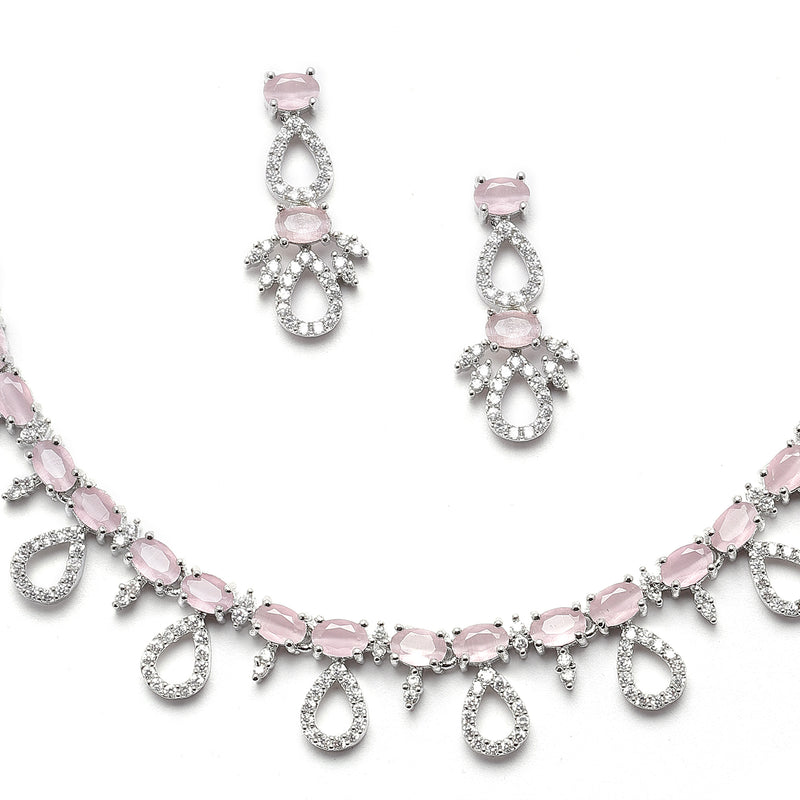 Rhodium-Plated Silver Toned Pink American Diamond Studded Necklace with Earrings Jewellery Set