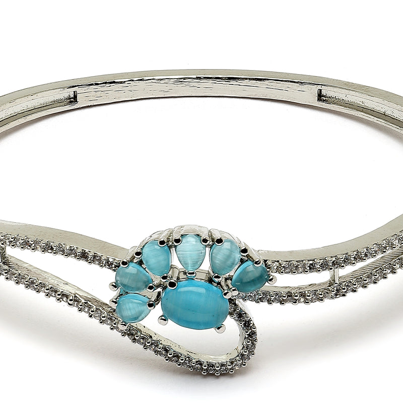 Rhodium Plated Silver Toned Flower Shaped Sky Blue American Diamond Studded Bracelet