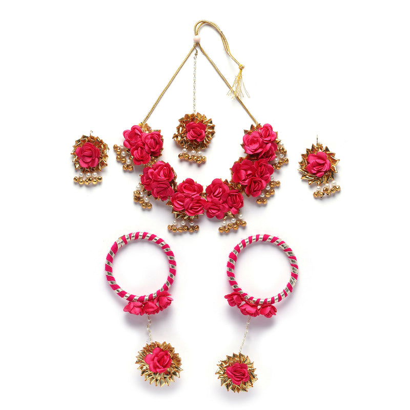Gold-Plated Red Gota Patti Floral White Pearls Beaded Haldi & Mehendi Jewellery Set with Maang Tikka & Haathphool Ring