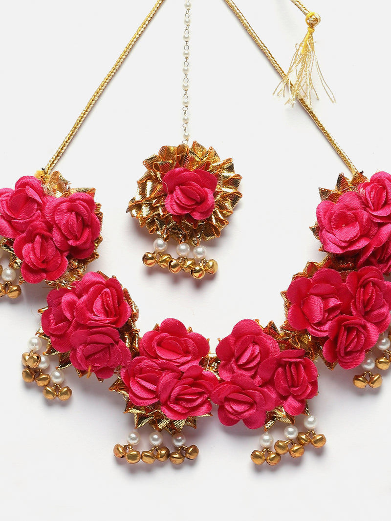 Gold-Plated Red Gota Patti Floral White Pearls Beaded Haldi & Mehendi Jewellery Set with Maang Tikka & Haathphool Ring