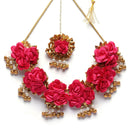 Gold-Plated Red Gota Patti Floral White Pearls Beaded Haldi & Mehendi Jewellery Set with Maang Tikka & Haathphool Ring