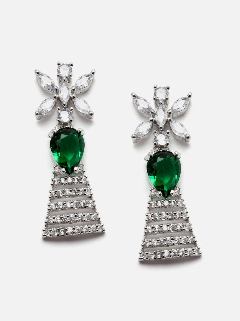 Rhodium-Plated Silver Toned Teardrop Green American Diamond Studded Necklace Earrings Jewellery Set