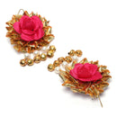 Gold-Plated Red Gota Patti Floral White Pearls Beaded Haldi & Mehendi Jewellery Set with Maang Tikka & Haathphool Ring