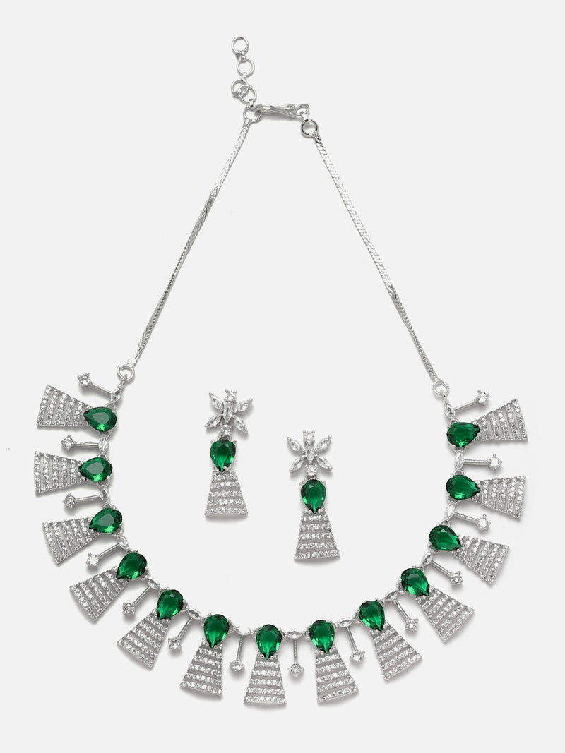 Rhodium-Plated Silver Toned Teardrop Green American Diamond Studded Necklace Earrings Jewellery Set