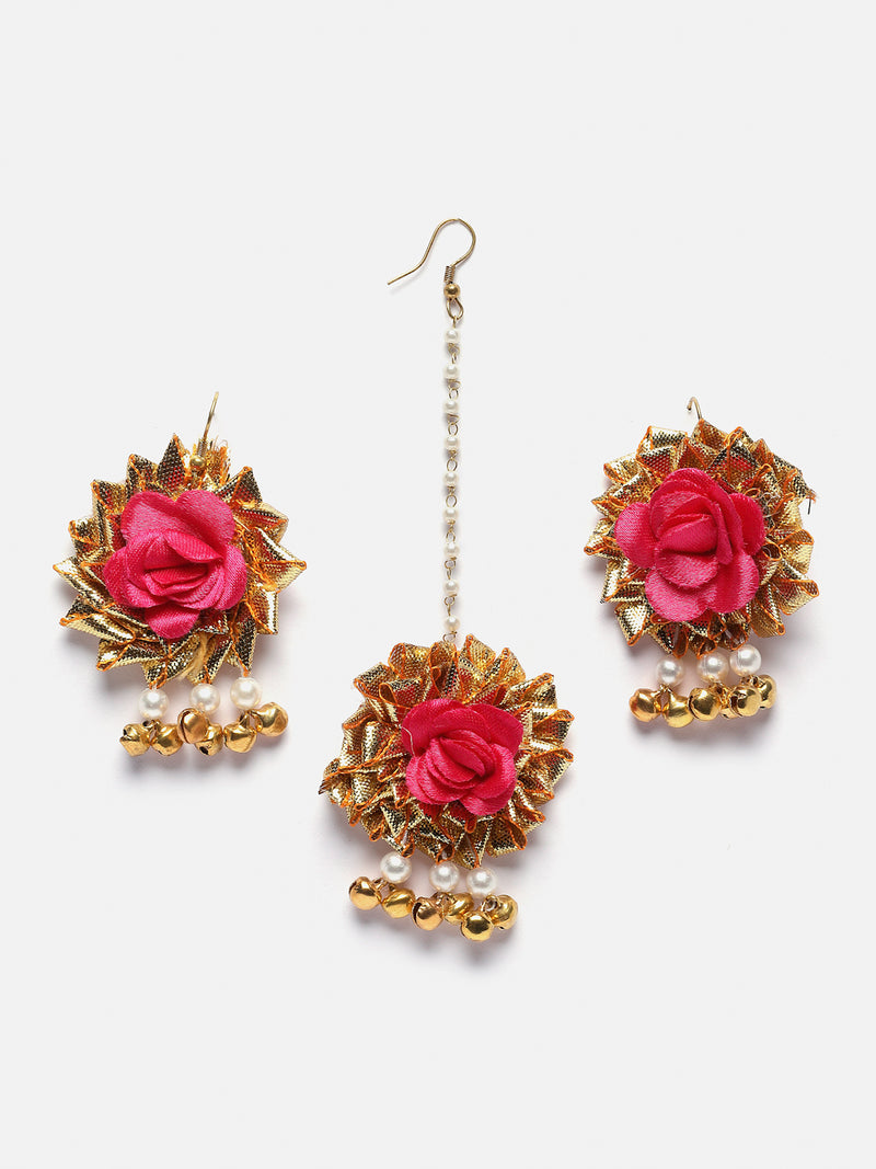 Gold-Plated Red Gota Patti Floral White Pearls Beaded Haldi & Mehendi Jewellery Set with Maang Tikka & Haathphool Ring