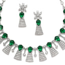 Rhodium-Plated Silver Toned Teardrop Green American Diamond Studded Necklace Earrings Jewellery Set