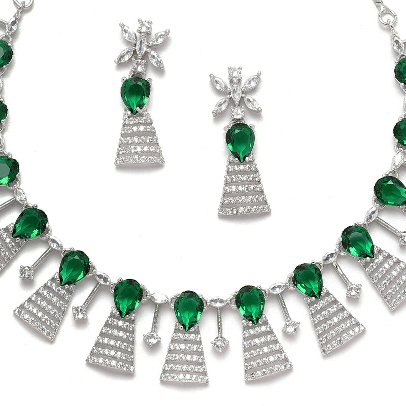Rhodium-Plated Silver Toned Teardrop Green American Diamond Studded Necklace Earrings Jewellery Set