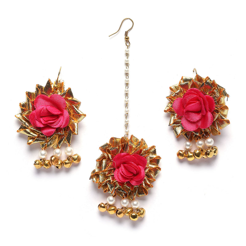 Gold-Plated Red Gota Patti Floral White Pearls Beaded Haldi & Mehendi Jewellery Set with Maang Tikka & Haathphool Ring