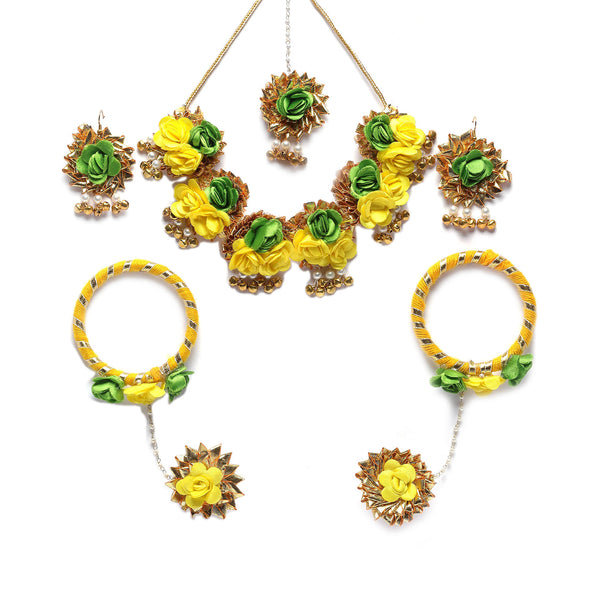 Gold-Plated Yellow-Green Gota Patti Floral White Pearls Beaded Haldi & Mehendi Jewellery Set with Maang Tikka & Haathphool Ring