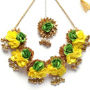 Gold-Plated Yellow-Green Gota Patti Floral White Pearls Beaded Haldi & Mehendi Jewellery Set with Maang Tikka & Haathphool Ring