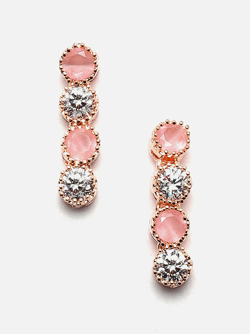 Rose Gold-Plated Round Pink & White American Diamond Studded Necklace Earrings Jewellery Set