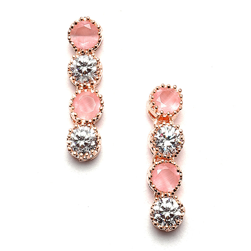 Rose Gold-Plated Round Pink & White American Diamond Studded Necklace Earrings Jewellery Set