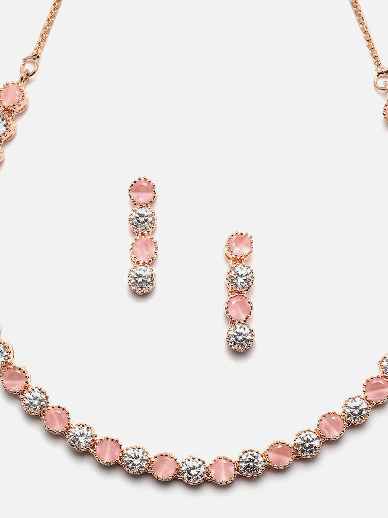 Rose Gold-Plated Round Pink & White American Diamond Studded Necklace Earrings Jewellery Set
