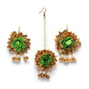 Gold-Plated Yellow-Green Gota Patti Floral White Pearls Beaded Haldi & Mehendi Jewellery Set with Maang Tikka & Haathphool Ring